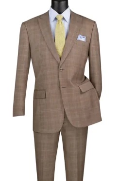 Pompey Collection - Men's Glen Plaid Dress Suit 2 Piece Regular Fit in Tan
