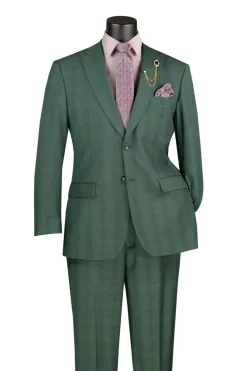 Pompey Collection - Men's Glen Plaid Dress Suit 2 Piece Regular Fit in Forest Green with Adjustable Waistband Pants