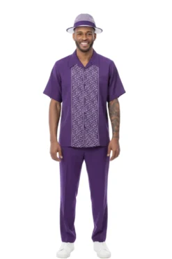 Purple Geometric Panel Short Sleeve Walking Suit