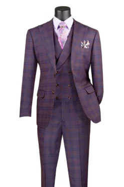 Purple Modern Fit Windowpane Peak Lapel 3 Piece Suit