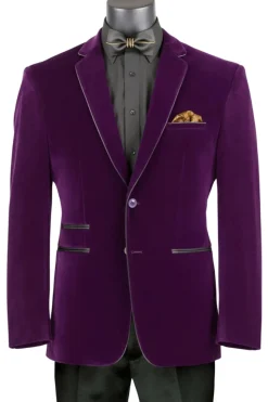 Purple Slim Fit Velvet Sport Coat Single Breasted 2 buttons