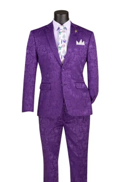 Purple Tone on Tone Paisley Pattern Slim Fit Men's 2 Piece Suit