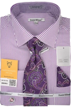 Purple White Bold Stripe French Cuff Dress Shirt with Tie, Cuff Links and Pocket Square
