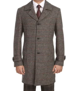 (46R) Brown Slim Fit Wool Blended Long Overcoat