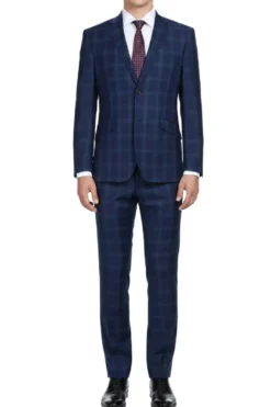 (46R) Classic Wool Regular Fit 2 Piece Checked Dress Suit in Blue