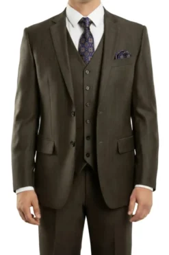 (34R, 40L) Charcoal Brown 3 Piece Modern Fit Suit 2 Button V-Neck Vest