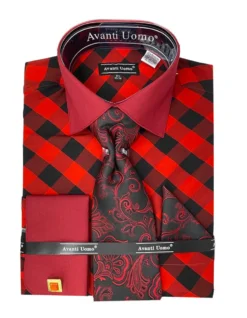 Red Check Dress Shirt Set with French Cuff