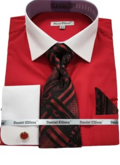 Red Geometric Jacquard Pattern French Cuff Dress Shirt Set