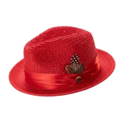 Red Solid Color Pinch Braided Fedora With Matching Satin Ribbon