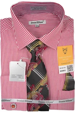 Red White Bold Stripe French Cuff Dress Shirt with Tie, Cuff Links and Pocket Square