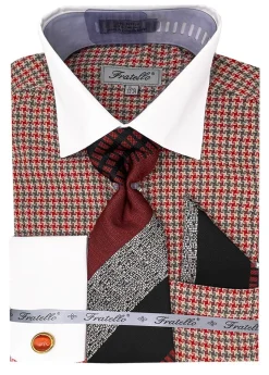 Red Plaid Dress Shirt Set with Tie and Handkerchief