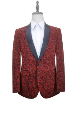 Red Slim Fit Floral Pattern Jacket Shawl Lapel