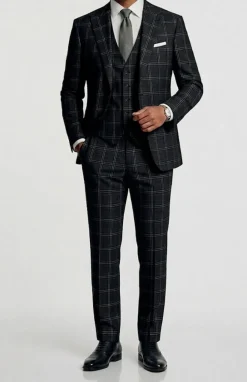 Regular Fit Plaid 3 Piece Suit in Black