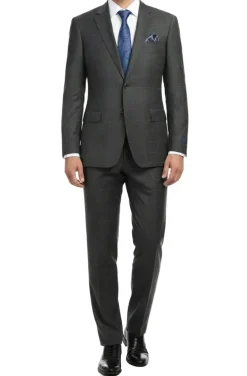 (50 Regular) Gray Regular Fit Wool Blend Windowpane 2 Piece Suit