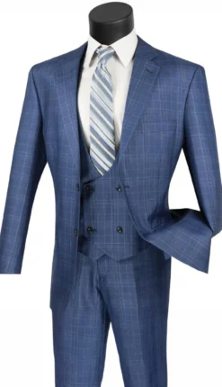 Renaissance Collection - Regular Fit Glen Plaid 3 Piece Suit Oxford Blue
