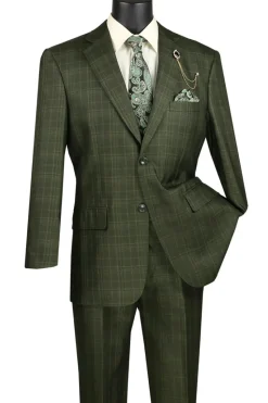 Renaissance Collection - Regular Fit Glen Plaid 3 Piece Suit Olive