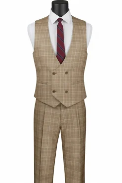 Renaissance Collection - Regular Fit Glen Plaid 3 Piece Suit Camel