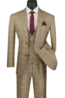 Renaissance Collection - Regular Fit Glen Plaid 3 Piece Suit Camel