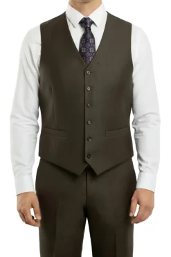 (34R, 40L) Charcoal Brown 3 Piece Modern Fit Suit 2 Button V-Neck Vest
