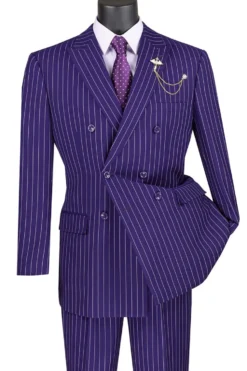 Rockefeller Collection - Double Breasted Stripe Suit Purple Regular Fit 2 Piece with Adjustable Waistband Pants
