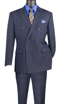 Rockefeller Collection - Double Breasted Stripe Suit Navy Regular Fit 2 Piece with Adjustable Waistband Pants