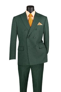 Rockefeller Collection - Double Breasted Stripe Suit Hunter Green Regular Fit 2 Piece with Adjustable Waistband Pants
