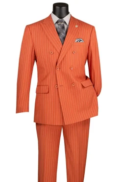 Rockefeller Collection - Double Breasted Stripe Suit Orange Regular Fit 2 Piece with Adjustable Waistband Pants