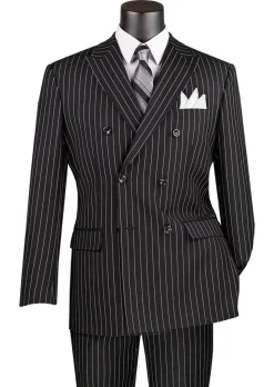 Rockefeller Collection - Double Breasted Stripe Suit Black Regular Fit 2 Piece with Adjustable Waistband Pants