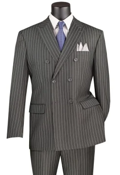 Rockefeller Collection - Double Breasted Stripe Suit Charcoal Regular Fit 2 Piece with Adjustable Waistband Pants
