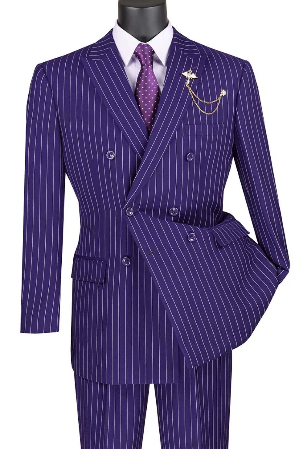 Rockefeller Collection - Double Breasted Stripe Suit Purple Regular Fit 2 Piece with Adjustable Waistband Pants