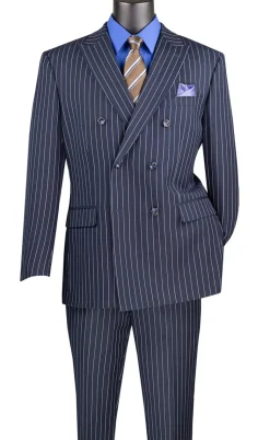 Rockefeller Collection - Double Breasted Stripe Suit Navy Regular Fit 2 Piece with Adjustable Waistband Pants