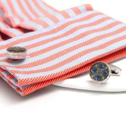 Round Blue Gold Engraved Vintage Cufflinks
