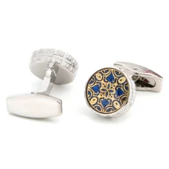 Round Blue Gold Engraved Vintage Cufflinks