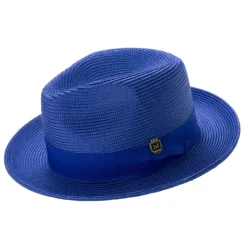 Royal Blue Braided Wide Brim Pinch Fedora Matching Grosgrain Ribbon