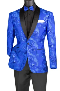 Royal Blue Embroidery Slim Fit Jacket Shawl Lapel