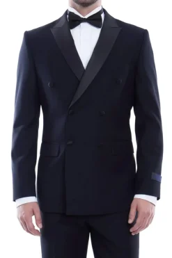 (48R, 50R) Double Breasted Slim Fit Tuxedo Navy with Black Satin Peak Lapel