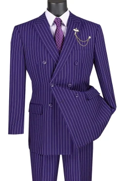 (44R, 46R, 50L, 52L) Purple Regular Fit 2 Piece Pinstripe Double Breasted Suit