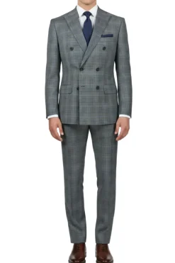 (42R, 46, 54R) Regular Fit Double-Breasted Windowpane Suit - Charcoal