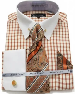 Rust Windowpane French Cuff Dress Shirt Set