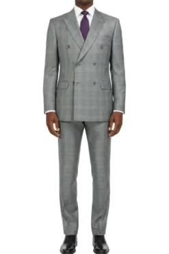 (38S, 52R, 58L, 60R) Gray Double Breasted 2 Piece Suit Regular Fit Glen Plaid