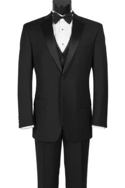 Santorini Collection - Regular Fit Black Tuxedo 4 Piece with Vest Bow Tie Adjustable Waistband