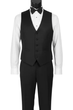 Santorini Collection - Regular Fit Black Tuxedo 4 Piece with Vest Bow Tie Adjustable Waistband