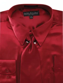 Satin Dress Shirt Convertible Cuff Regular Fit in Burgundy With Tie And Pocket Square