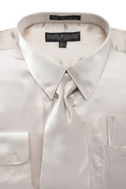 Satin Dress Shirt Convertible Cuff Regular Fit in Beige with Tie & Pocket Square