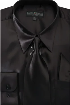 Satin Dress Shirt Convertible Cuff Regular Fit in Black With Tie and Pocket Square