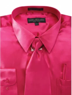 Satin Dress Shirt Convertible Cuff Regular Fit in Fuchsia With Tie And Pocket Square