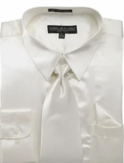 Satin Dress Shirt Convertible Cuff Regular Fit in Ivory With Tie And Pocket Square