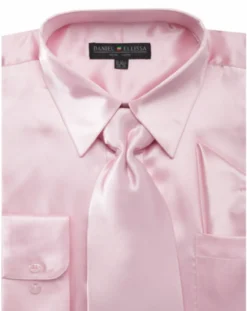 Satin Dress Shirt Convertible Cuff Regular Fit in Pink With Tie And Pocket Square