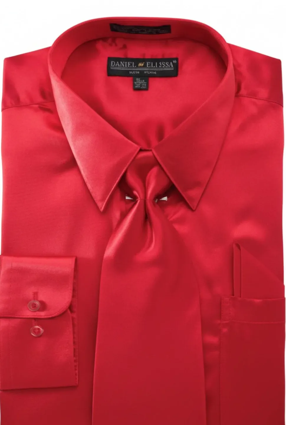 Satin Dress Shirt Convertible Cuff Regular Fit in Red With Tie And Pocket Square