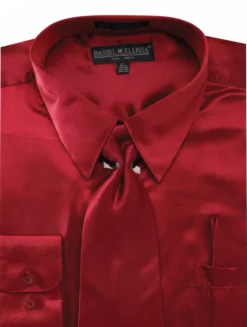 Satin Dress Shirt Convertible Cuff Regular Fit in Burgundy With Tie And Pocket Square